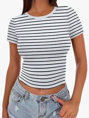 Black and White Striped Cropped Tee